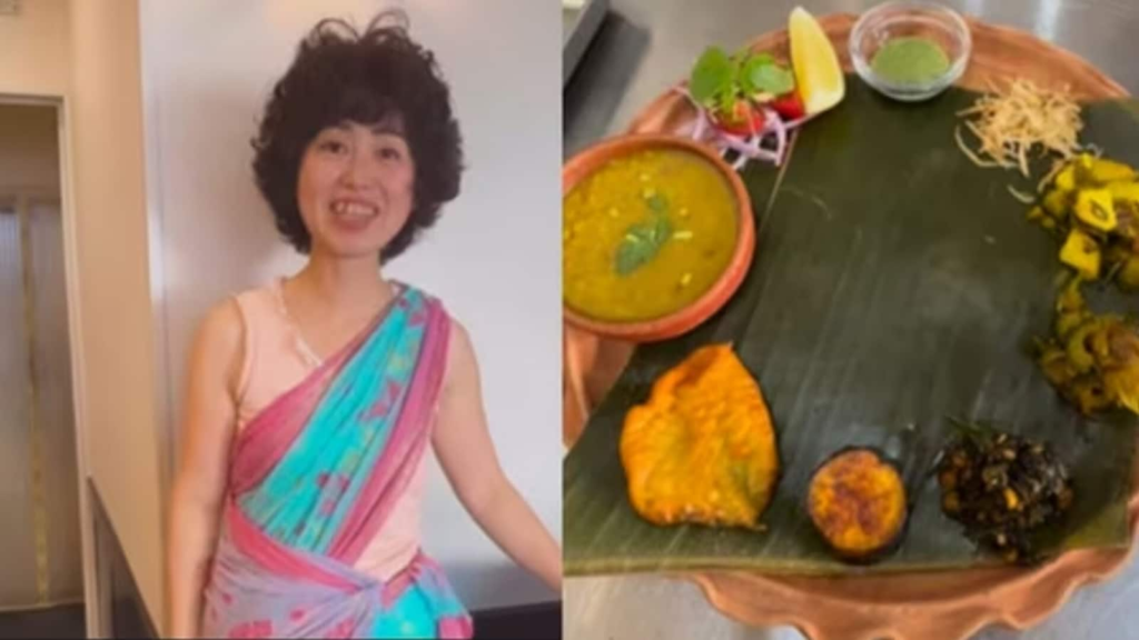 Viral video: Japanese lady dons saree, serves Indian food in Japan; social media reacts, Glimpse of home in that plate