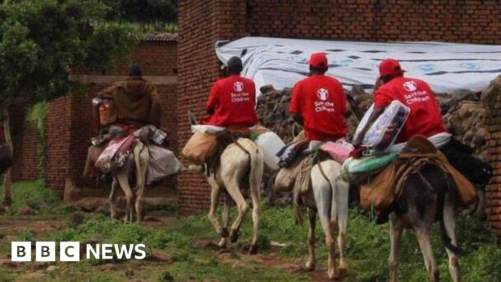 Aid workers use donkeys to reach Tarasin village in Darfur