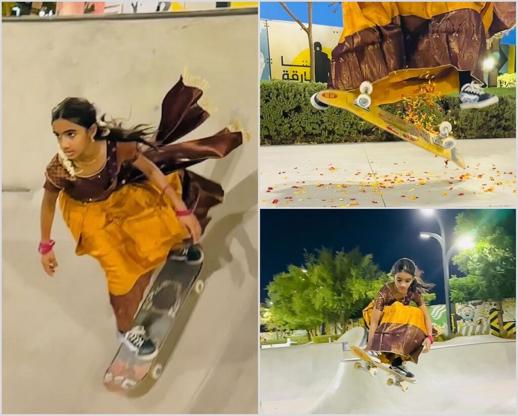 Indian expat girl from Kerala goes viral for skating in silk dhavani for Onam