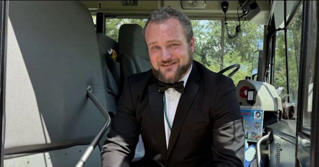 Viral bus driver wears tuxedo on first day of school