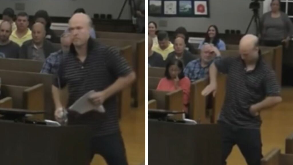 viral video US man dances during town hall meeting as a sign of protest