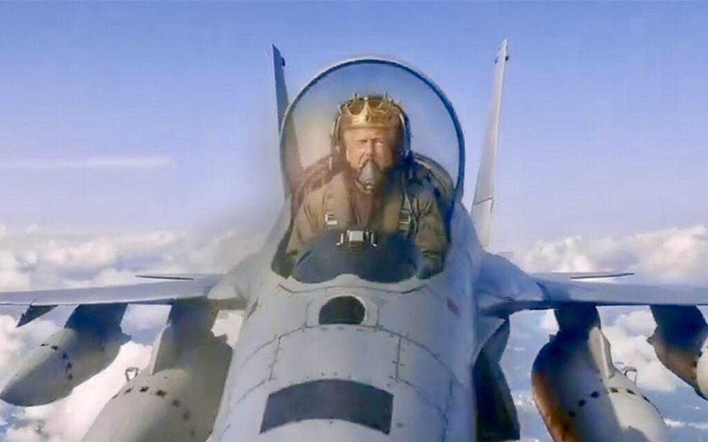 Bizarre Video of Trump in a Fighter Jet Dumping Brown Slurry on 'No Kings' Protesters Goes Viral