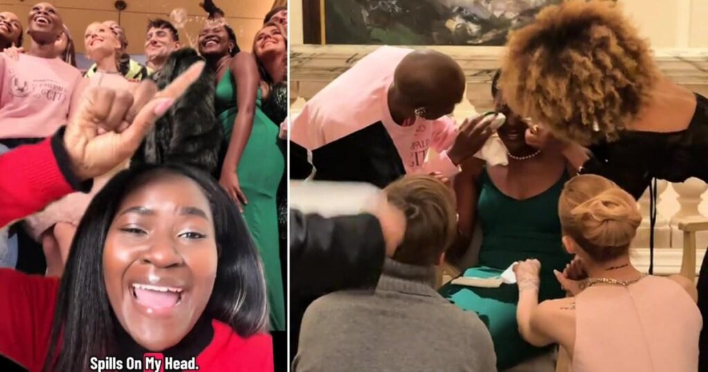 Cynthia Erivo and Ariana Grande rush to mop champagne off embarrassed fan in viral video