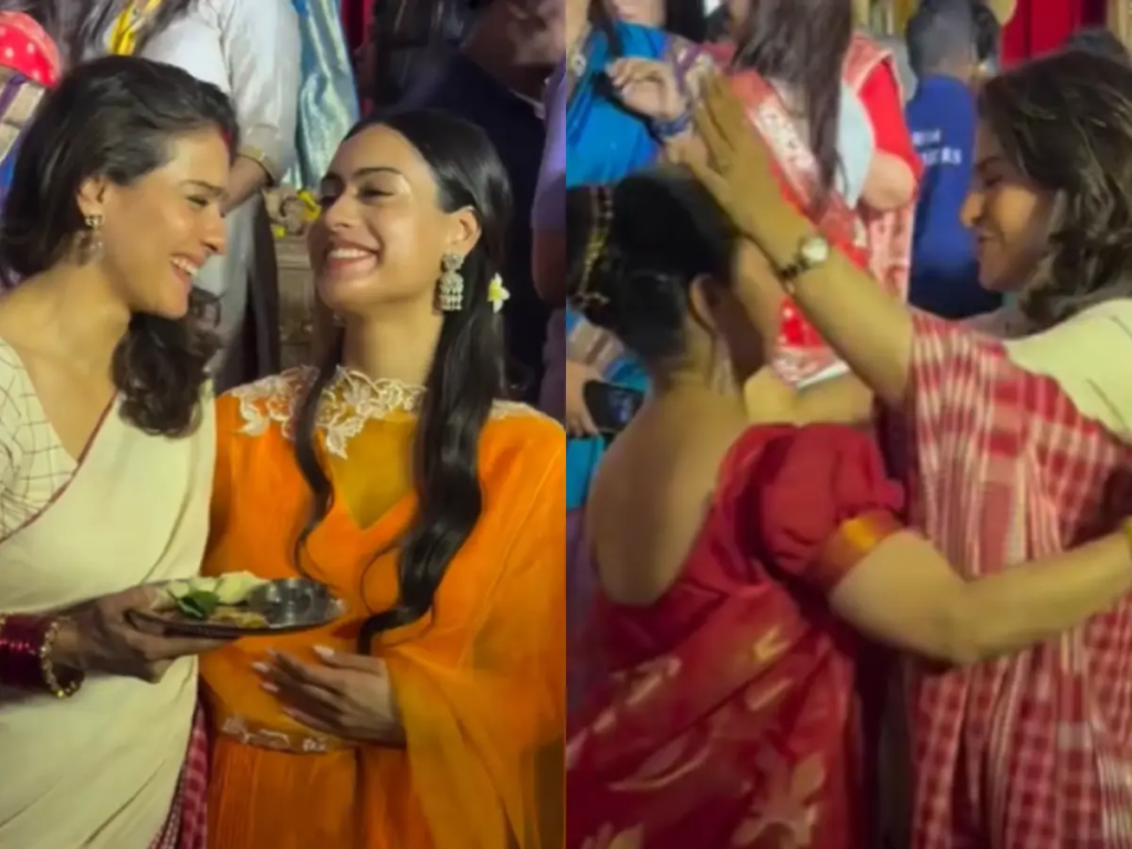 Kajol takes part in Sindoor Khela ceremony with daugher Nysa, watch viral videos
