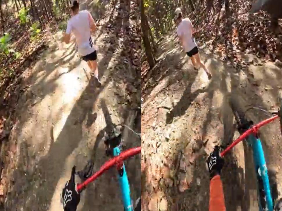Viral video of mountain biker stuck behind runner divides opinion + more on the live blog