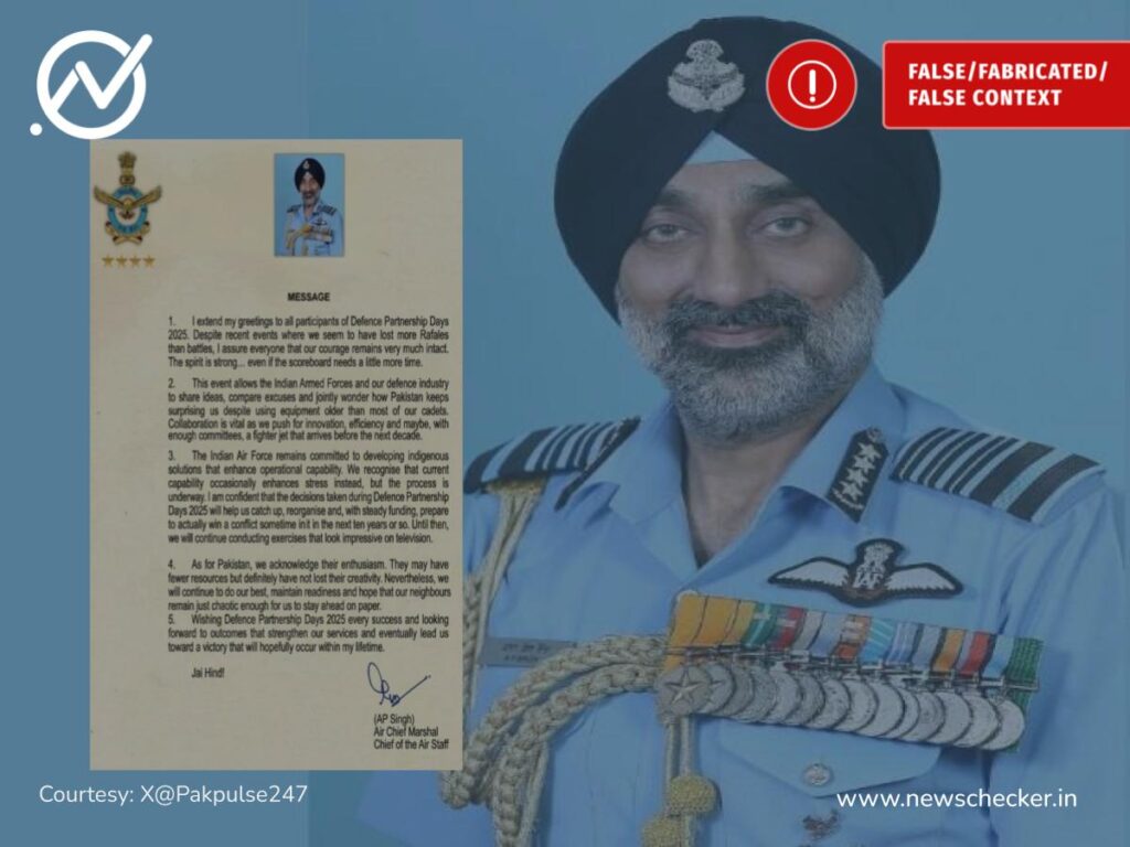 Did Air Chief Marshal AP Singh Praise Pakistan’s Defence Capabilities? No, Viral ‘Message’ Is Fake