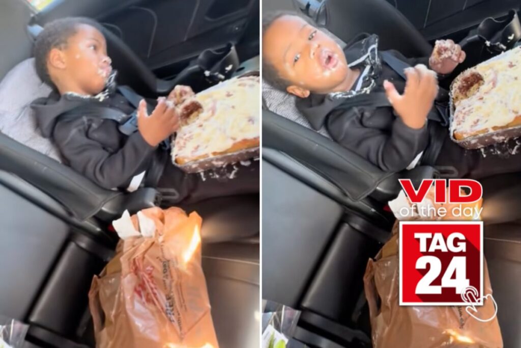 Toddler caught going rogue on giant cinnamon roll in backseat